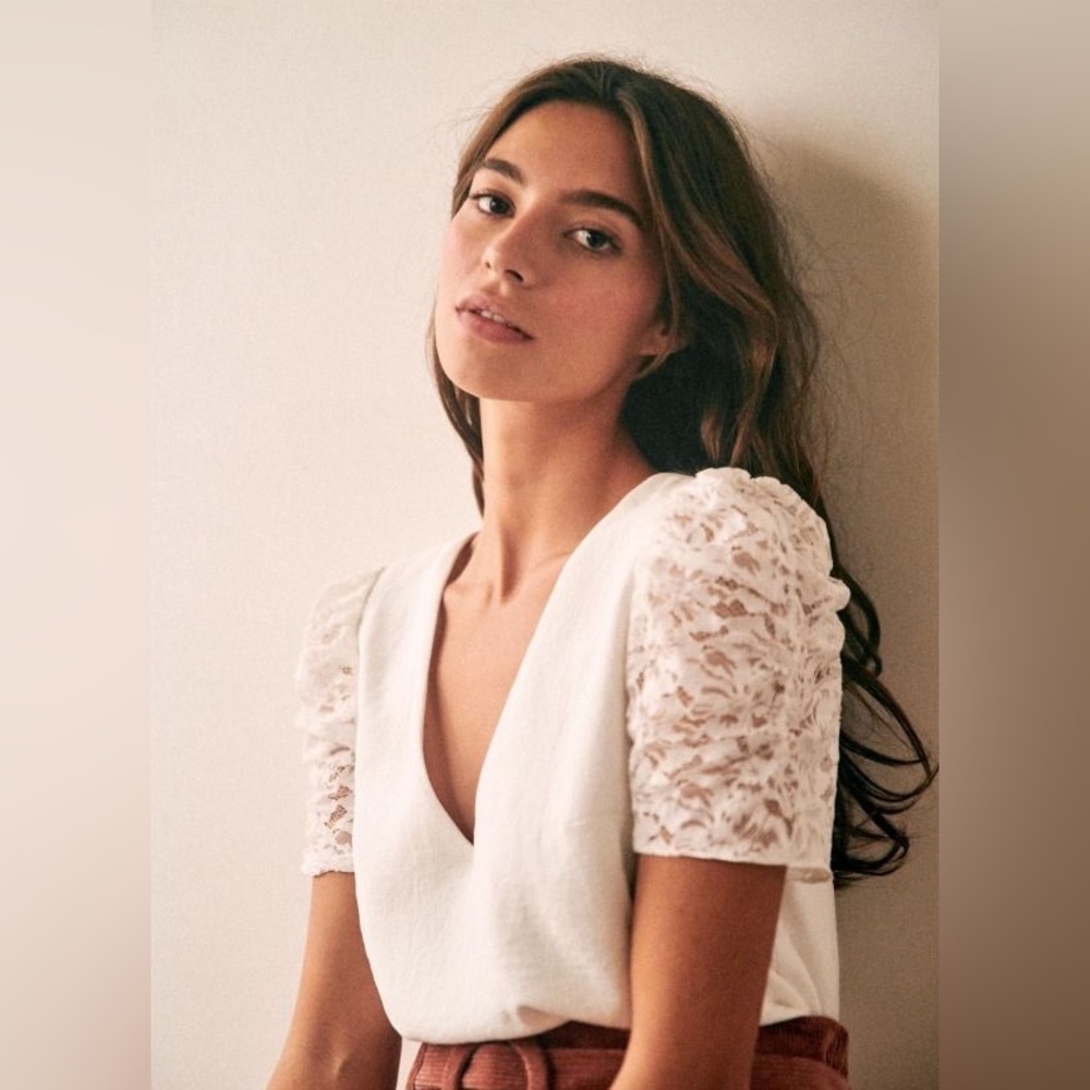 Sezane White Lace-Sleeve V-Neck Top